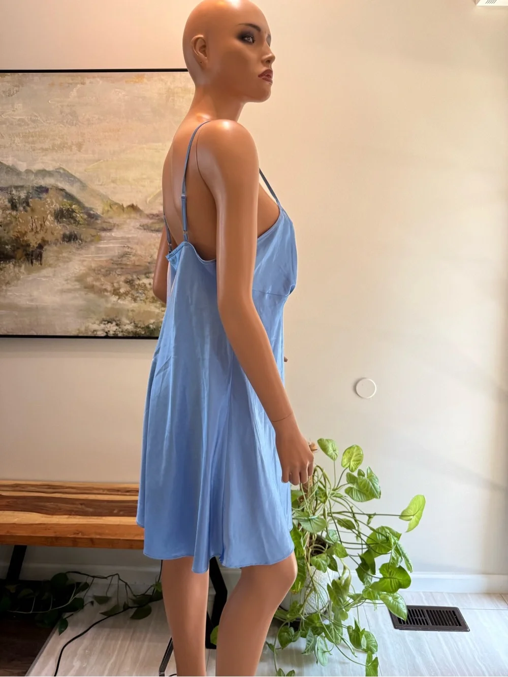Adonna Light Blue Satin Slip Chemise lingerie nightgown Large adj straps